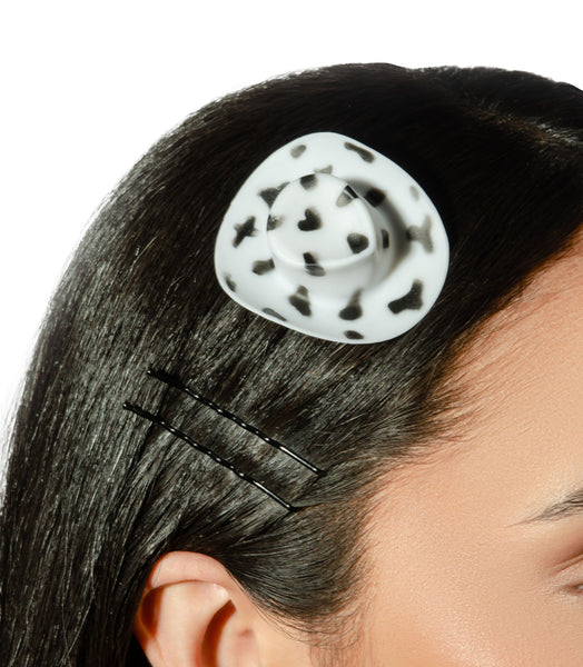Mini Cowgirl Hat Hair Clip + 10 Bobby Pins - Cow Print
