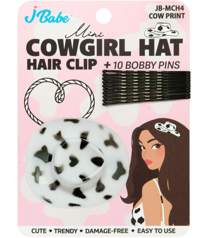 Mini Cowgirl Hat Hair Clip + 10 Bobby Pins - Cow Print
