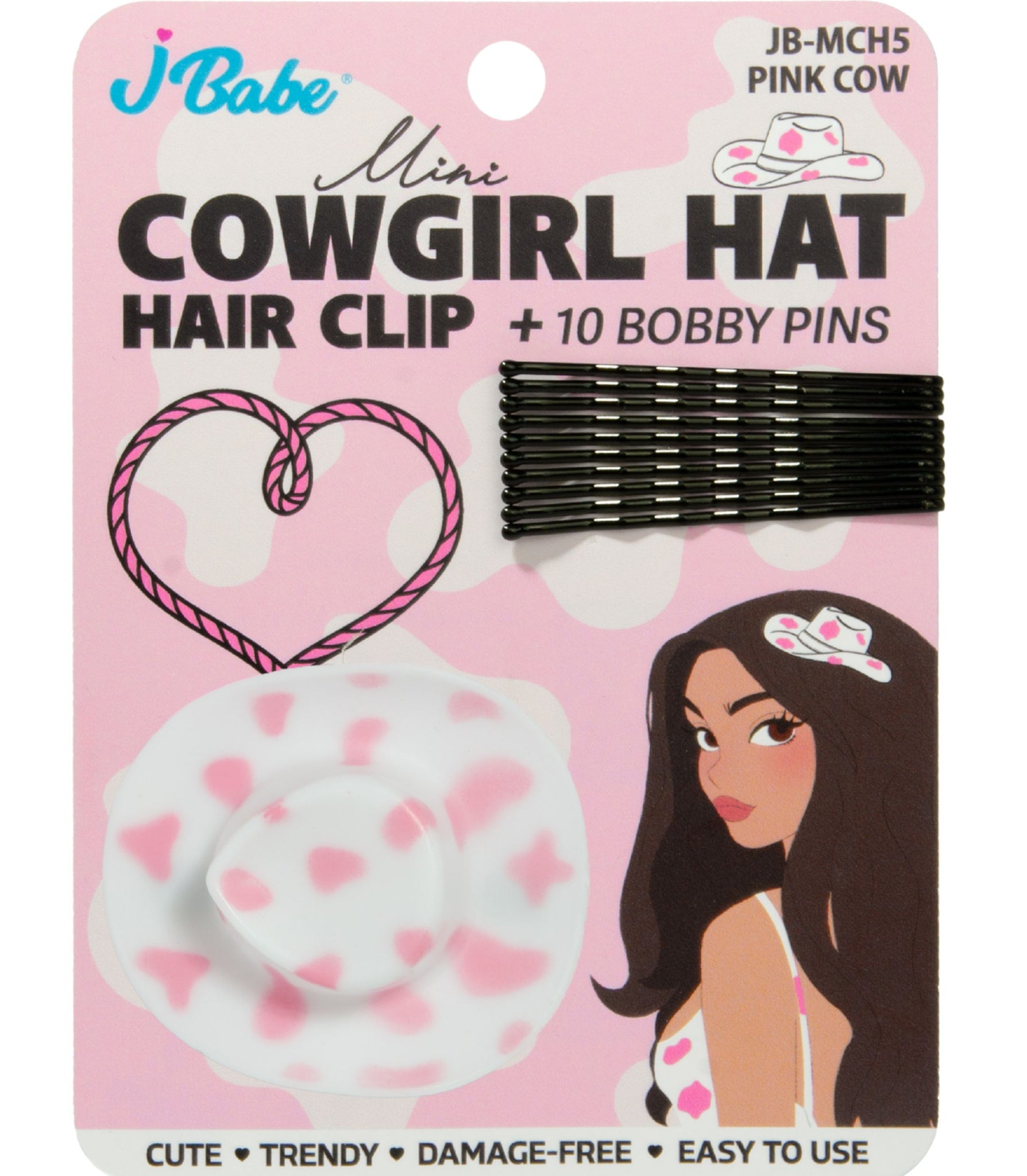 Mini Cowgirl Hat Hair Clip + 10 Bobby Pins - Pink Cow Print