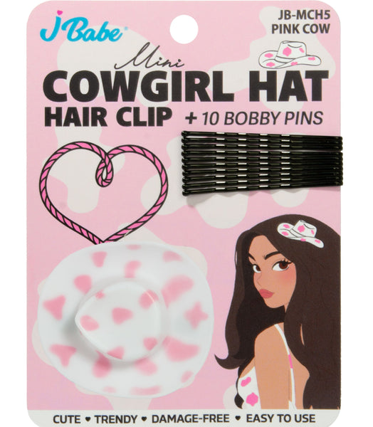 Mini Cowgirl Hat Hair Clip + 10 Bobby Pins - Pink Cow Print