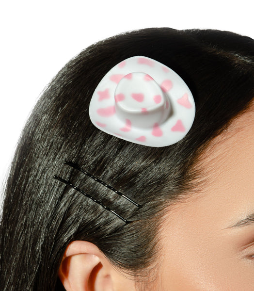 Mini Cowgirl Hat Hair Clip + 10 Bobby Pins - Pink Cow Print