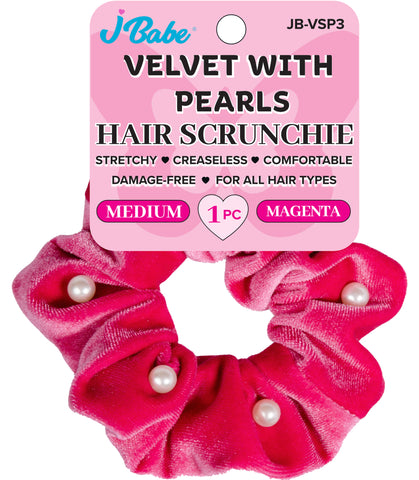 Pearl Velvet Hair Scrunchie - Magenta